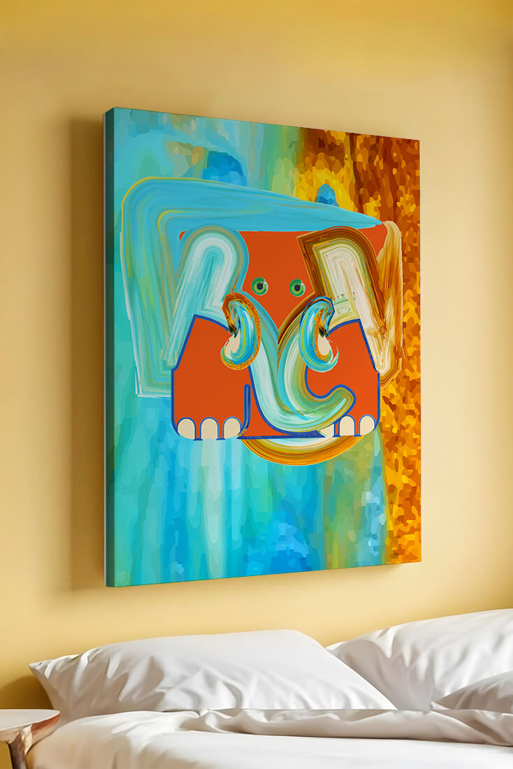 Pintura abstracta colorida de un elefante con tonos vibrantes y pinceladas artísticas.