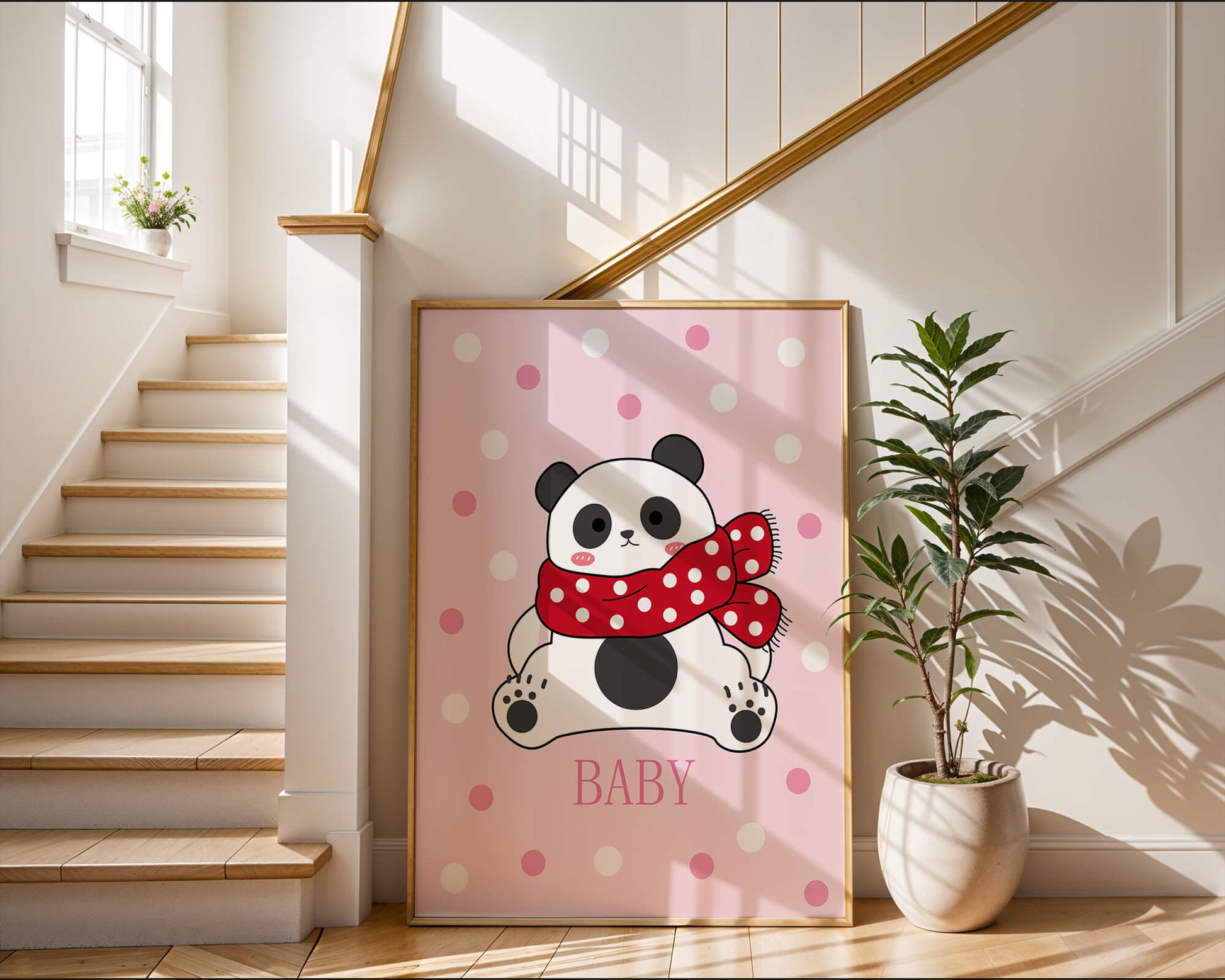 Cartoon panda with red scarf on pink polka dot background