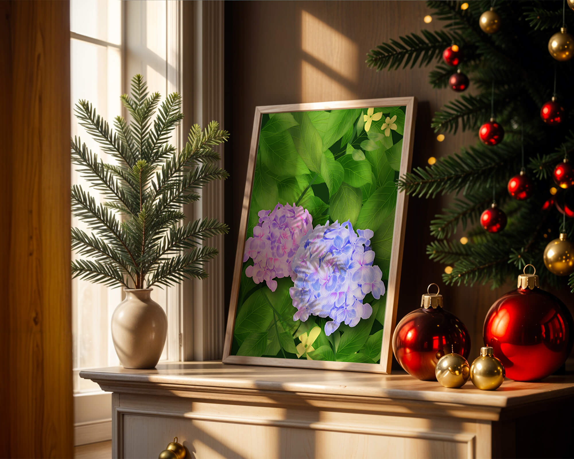 Delicate hydrangeas with lush green leaves in a vibrant botanical scene