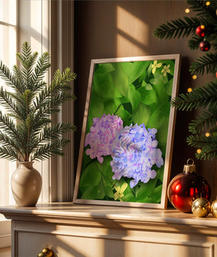 Delicate hydrangeas with lush green leaves in a vibrant botanical scene