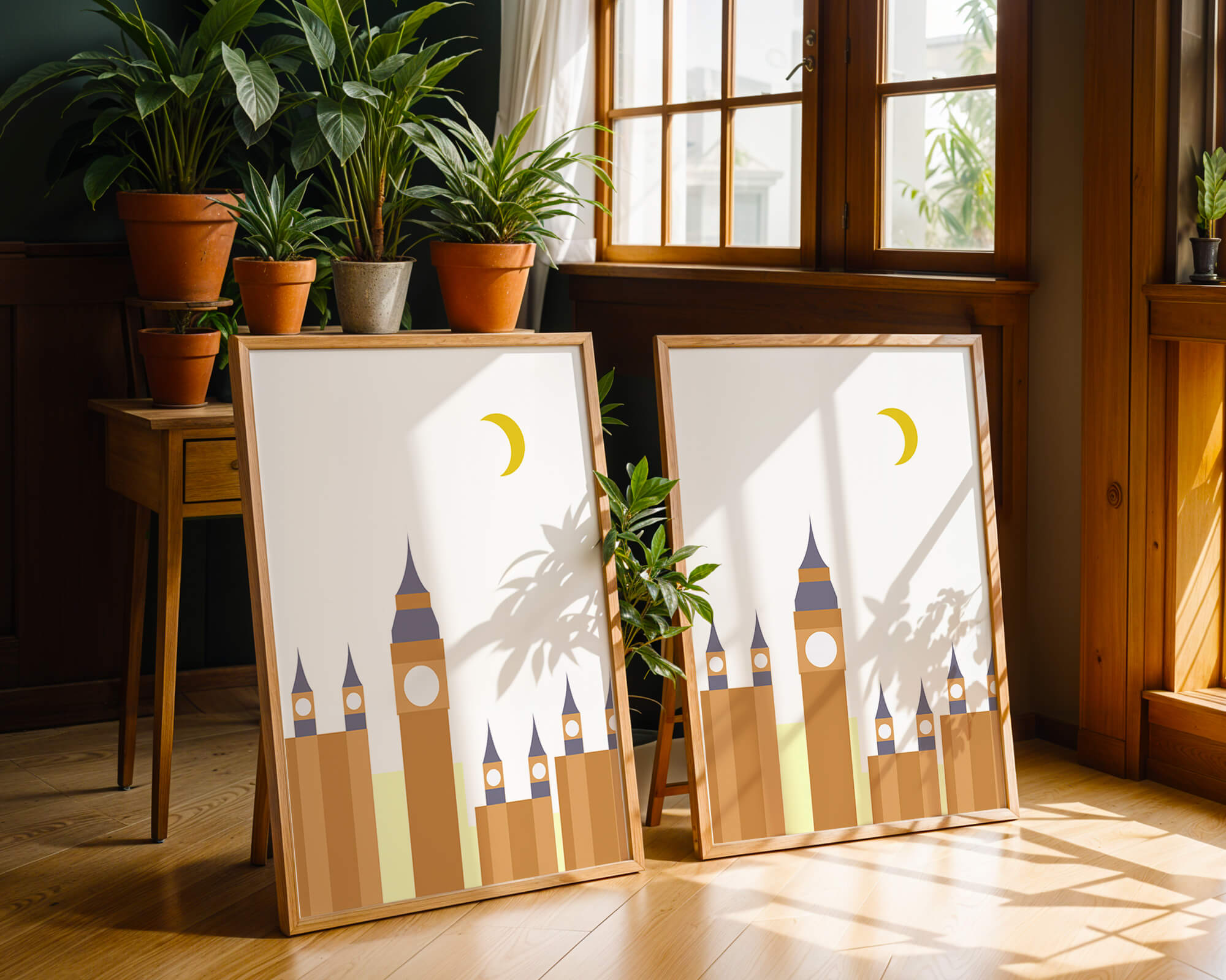 Minimalist illustration of iconic clock tower with crescent moon