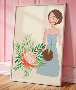 Ilustración de una mujer en vestido azul con diseño floral