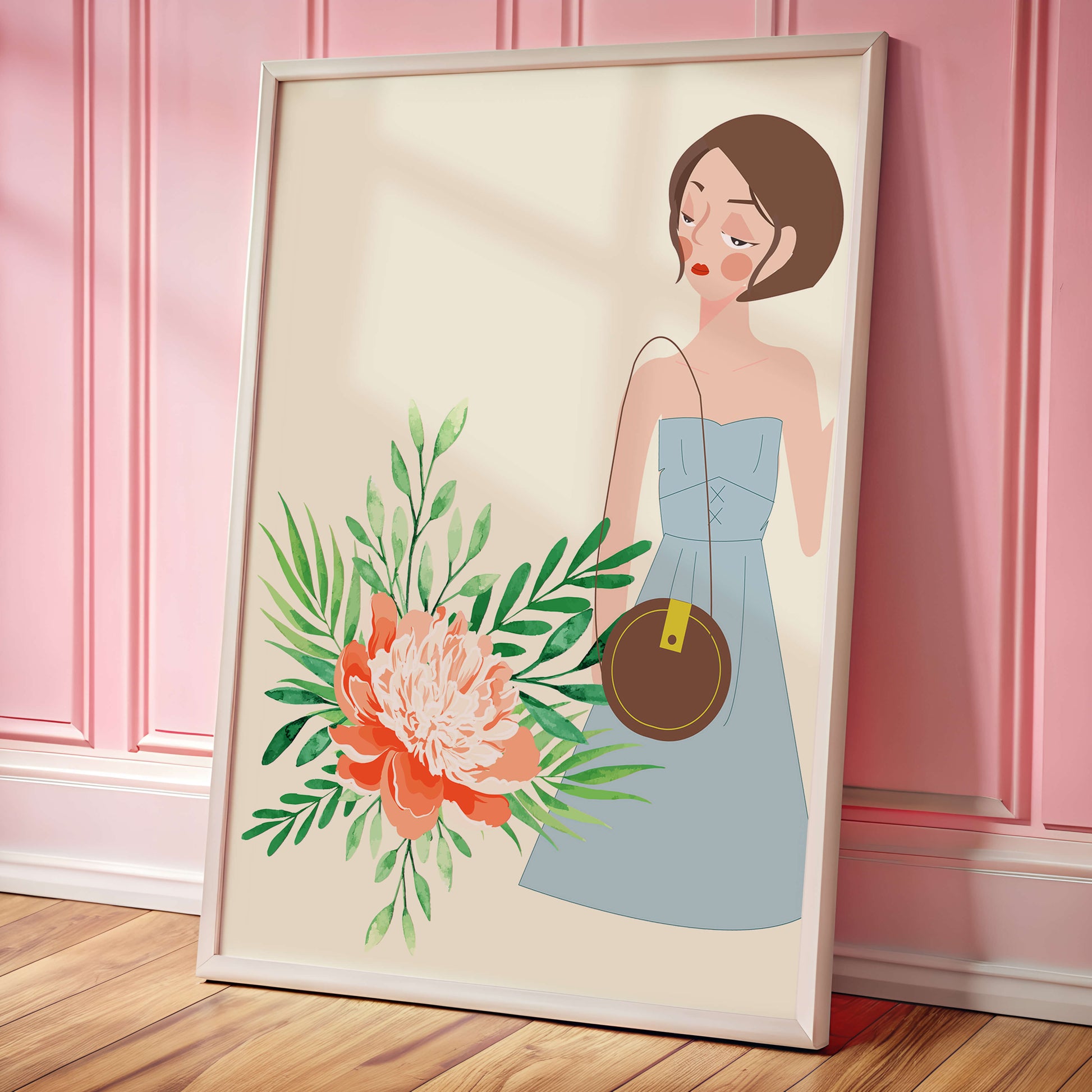 Ilustración de una mujer en vestido azul con diseño floral