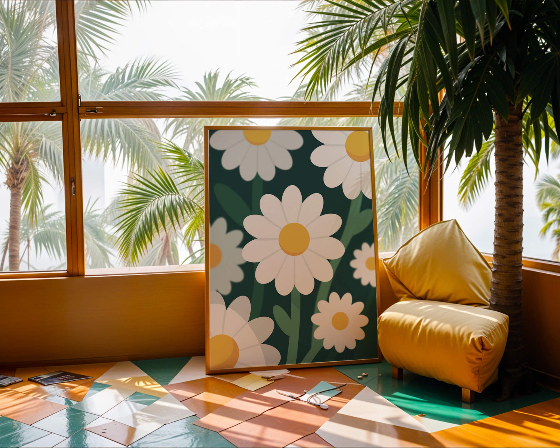 Margaritas sobre fondo verde oscuro con diseño abstracto