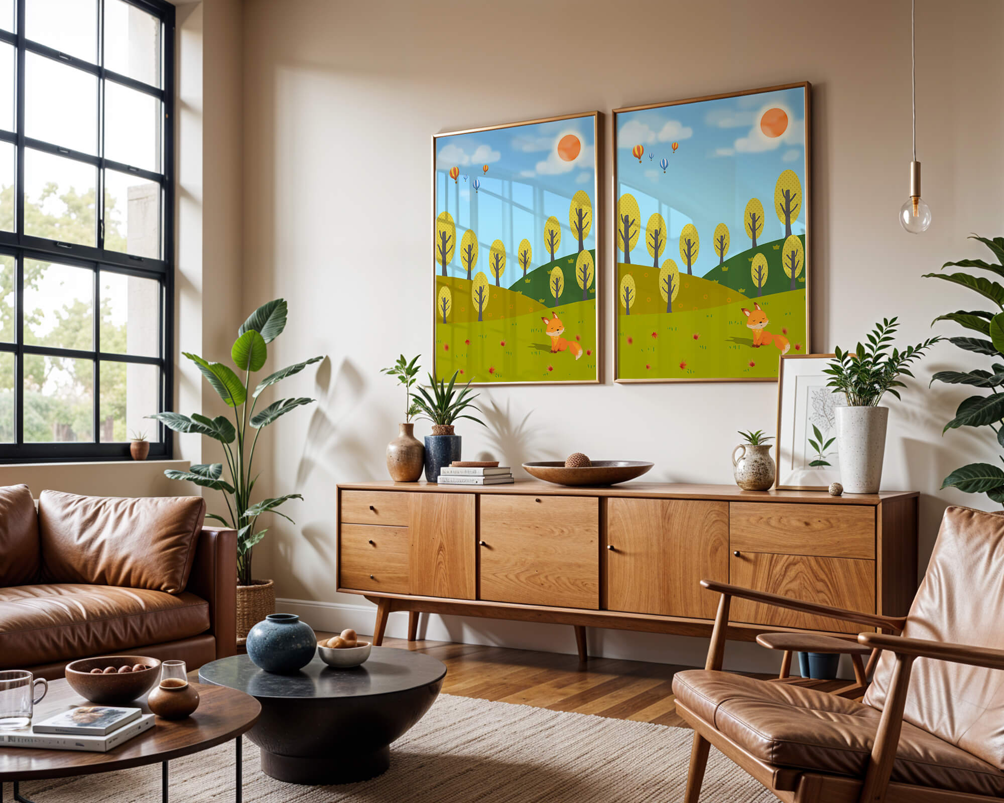 Whimsical landscape with hot air balloons and a fox in autumn scenery