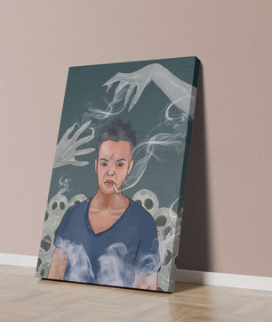 A Person Surrounded by Smoke and Ghostly Hands with Skulls in the Background