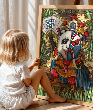 Colorful panda dressed in traditional Chinese opera costume surrounded by bamboo