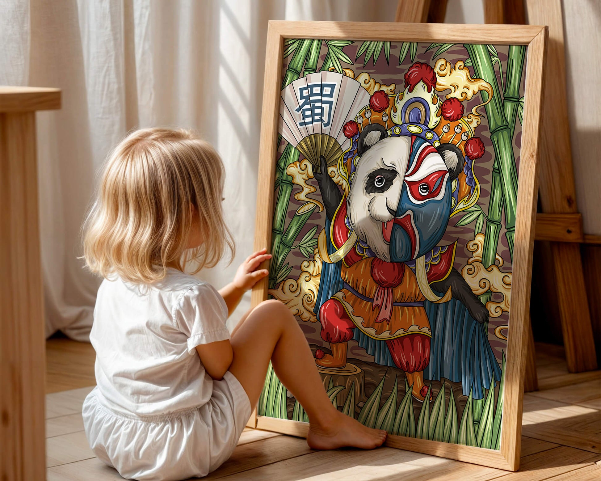 Colorful panda dressed in traditional Chinese opera costume surrounded by bamboo