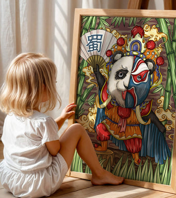 Colorful panda dressed in traditional Chinese opera costume surrounded by bamboo