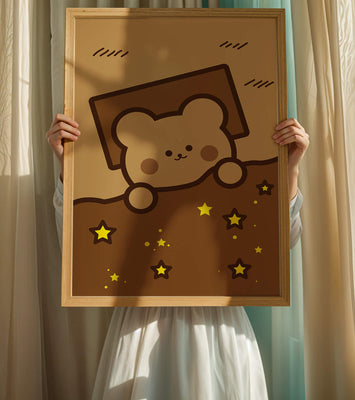 Adorable bear peeking out from a blanket with stars illustration