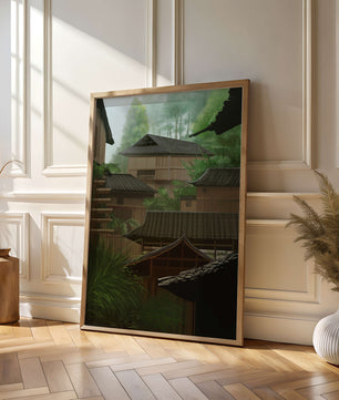 Traditional Japanese Architectural Scene with Lush Greenery