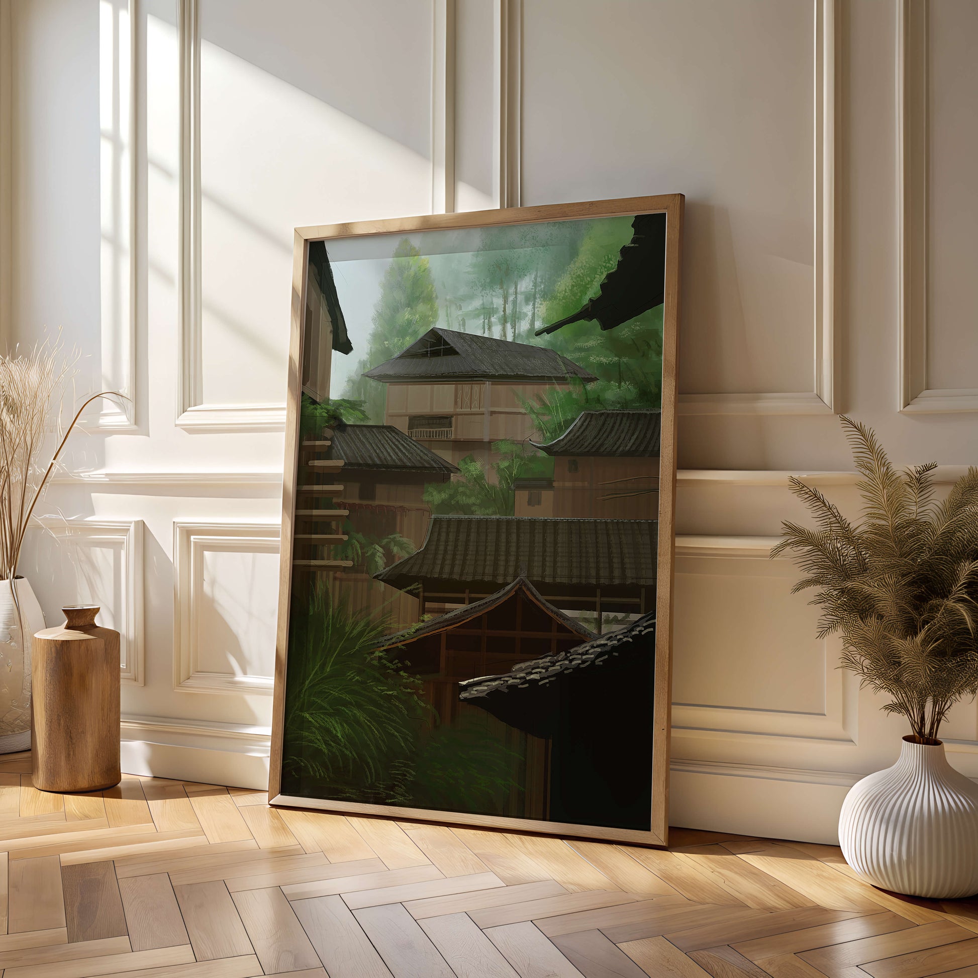 Traditional Japanese Architectural Scene with Lush Greenery