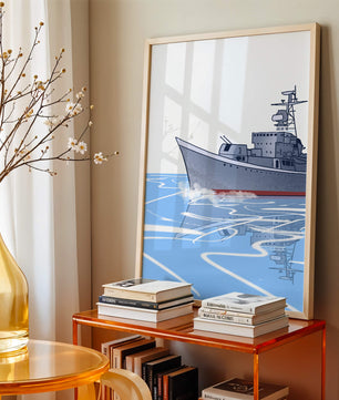 Illustrative depiction of a warship sailing on calm waters