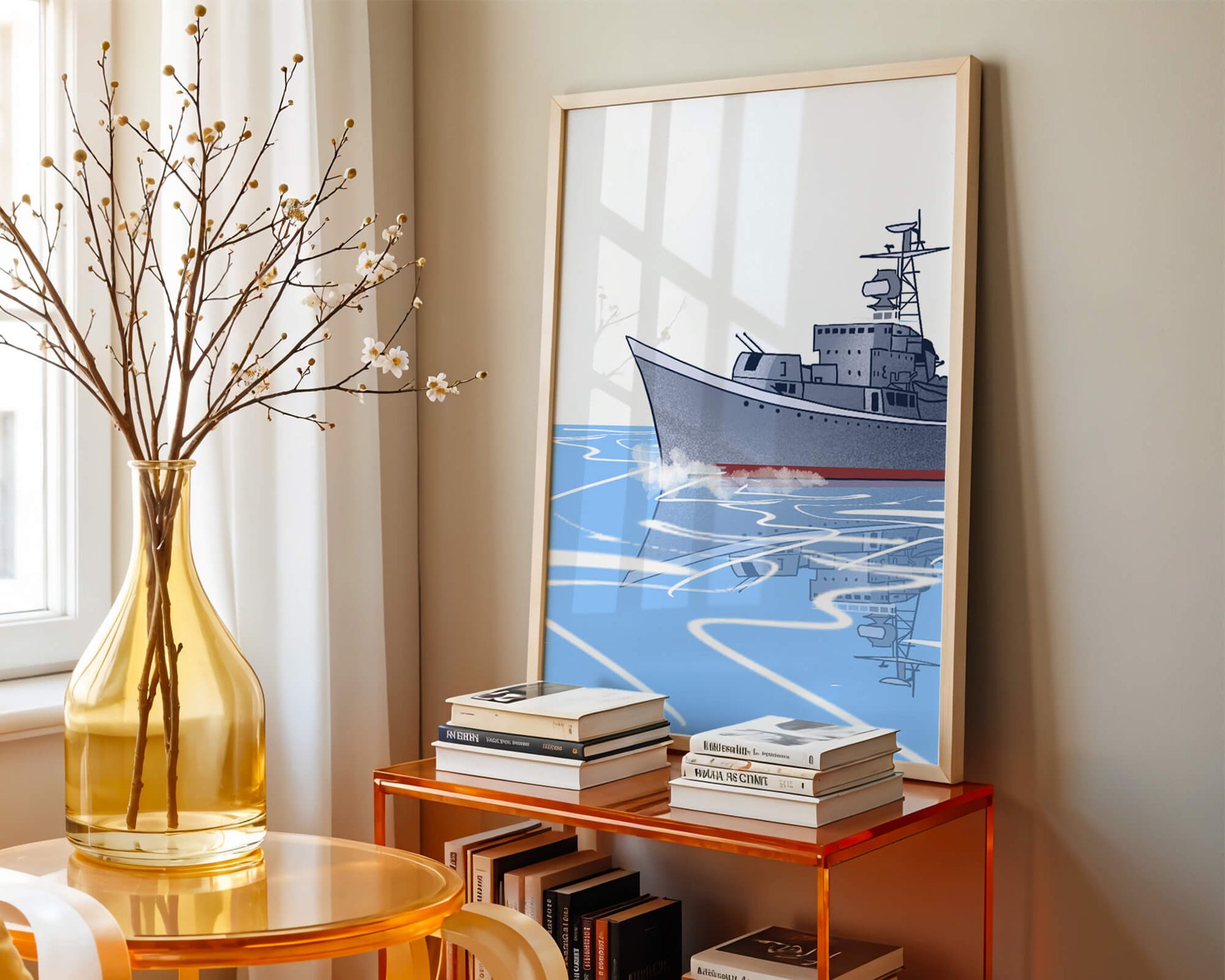 Illustrative depiction of a warship sailing on calm waters