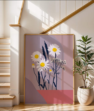 Illustrative floral artwork with daisies and abstract background