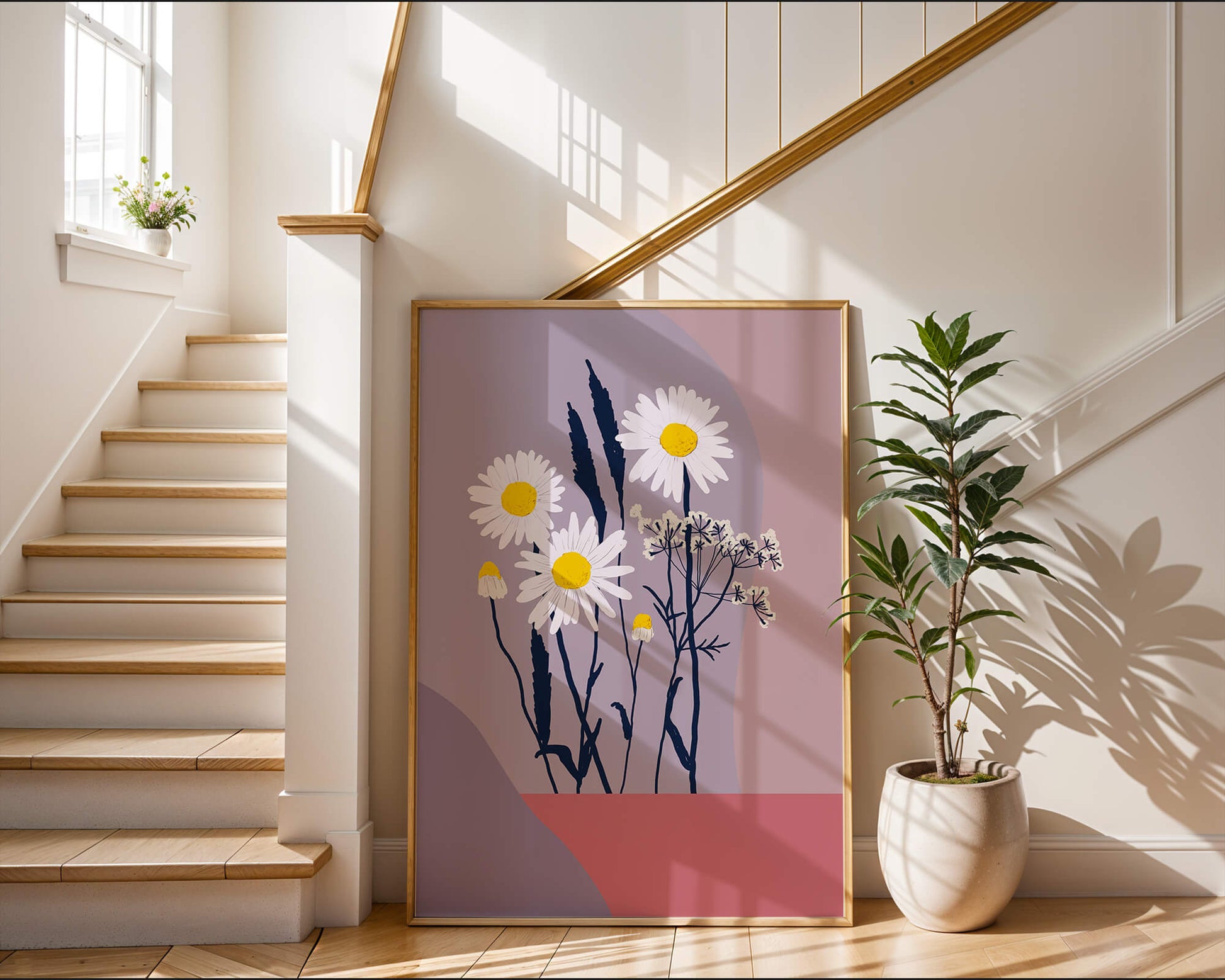 Illustrative floral artwork with daisies and abstract background