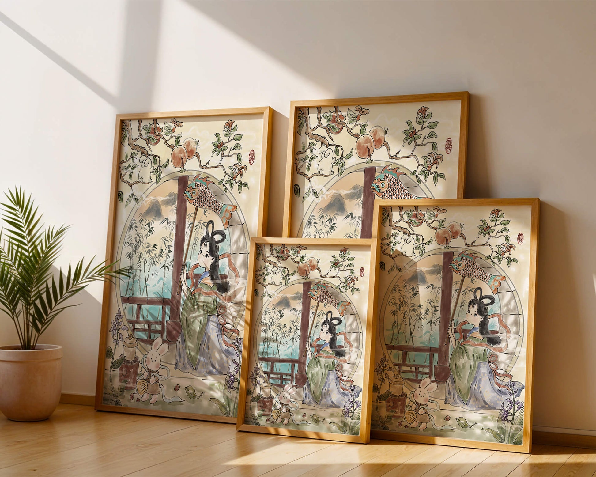 Escena de jardín tranquilo con una niña y un conejo