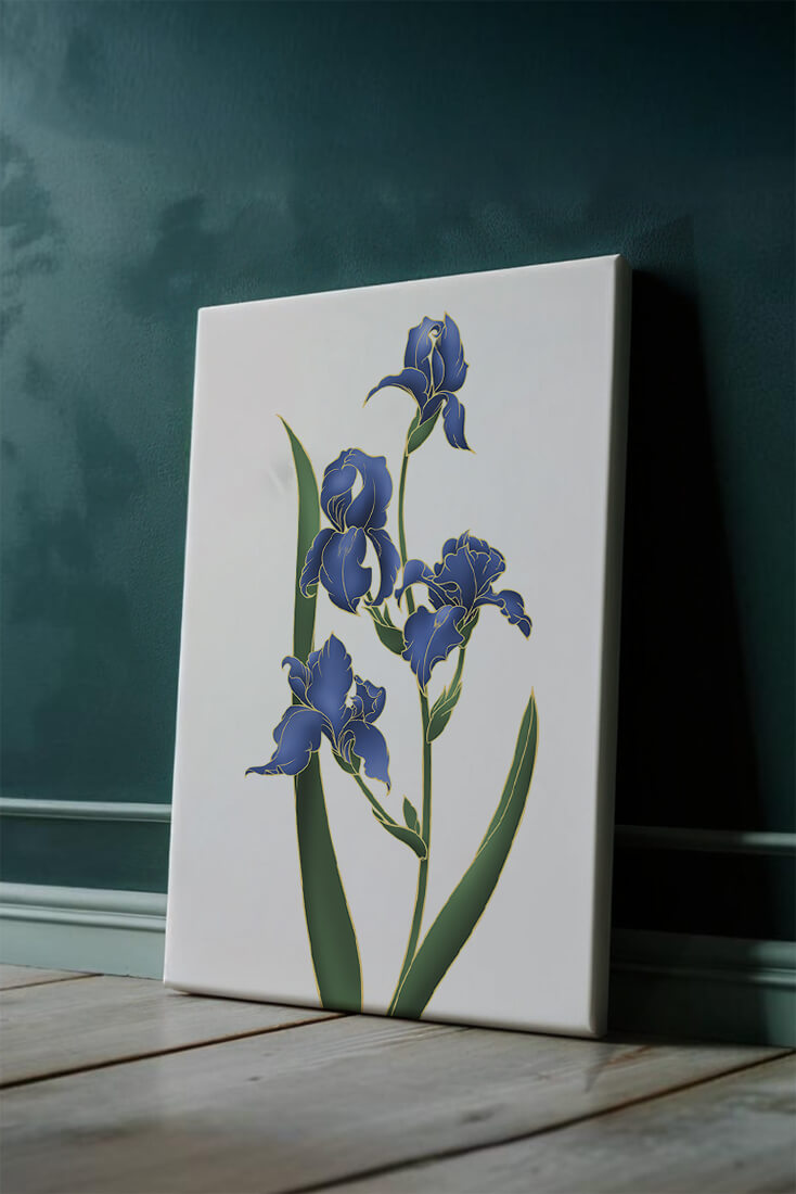 Flores de lirio azul elegantes con acentos dorados sobre un fondo blanco