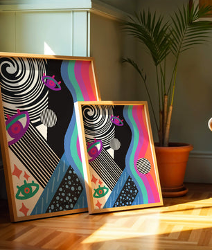 Colorful abstract art with geometric patterns and vibrant shapes
