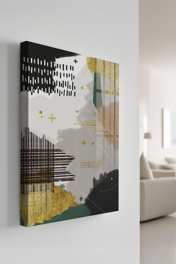 Abstract mixed media art with gold and geometric patterns