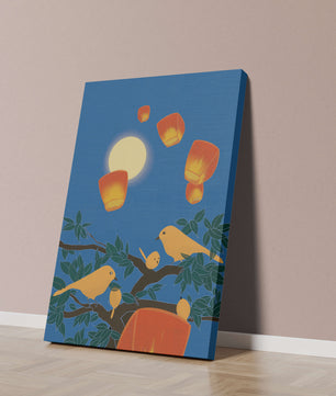 Lanterns and Birds Under the Night Sky