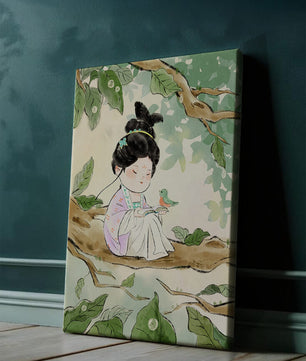 Serene illustration of a girl with a bird in a tree