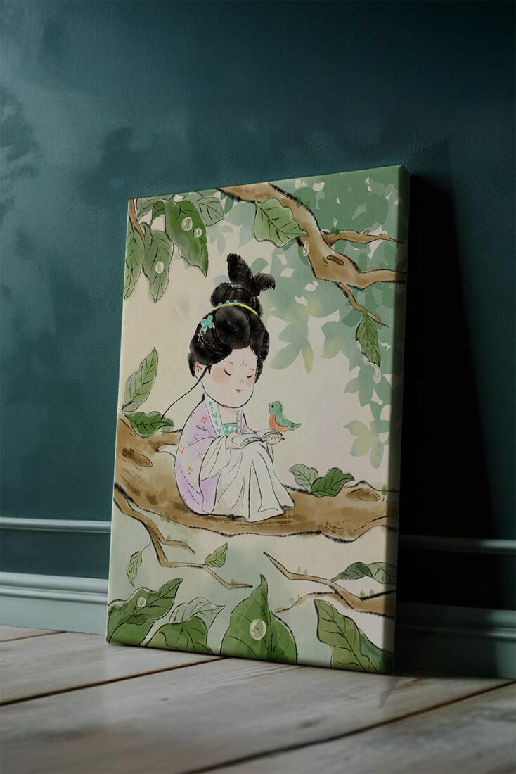 Serene illustration of a girl with a bird in a tree
