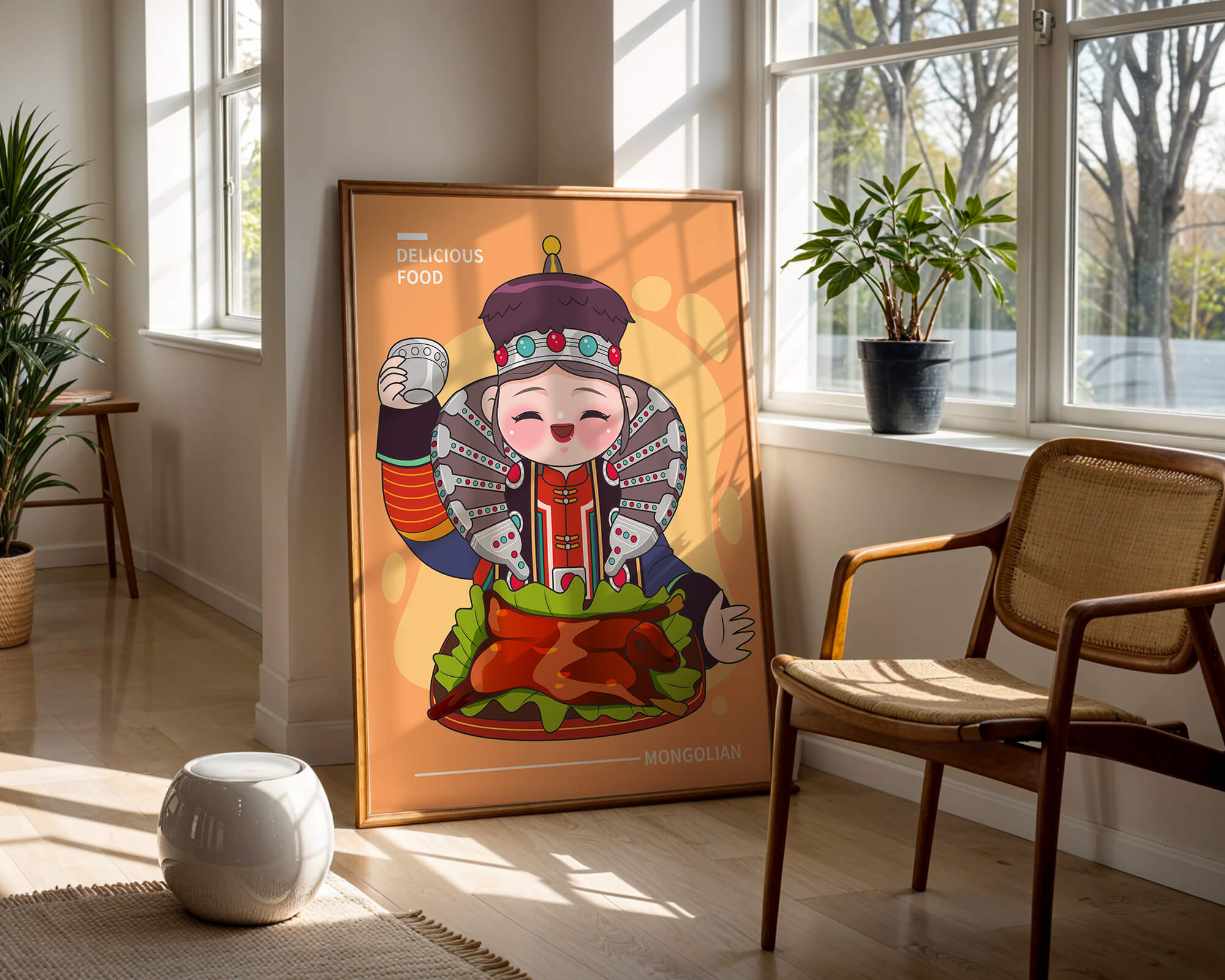 Cartoon character in traditional Mongolian attire with food