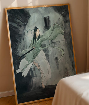 Dynamic illustration of a warrior in flowing robes with a spear