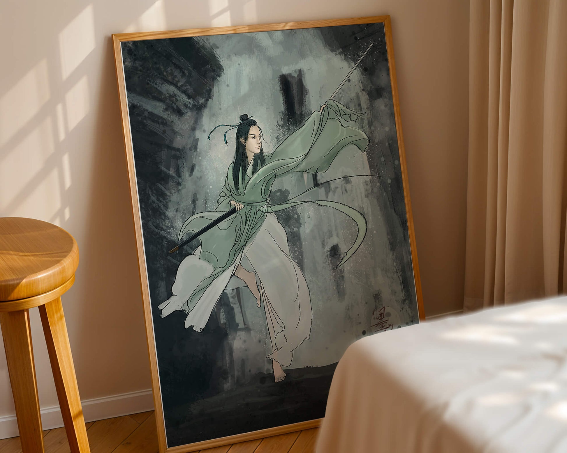 Dynamic illustration of a warrior in flowing robes with a spear