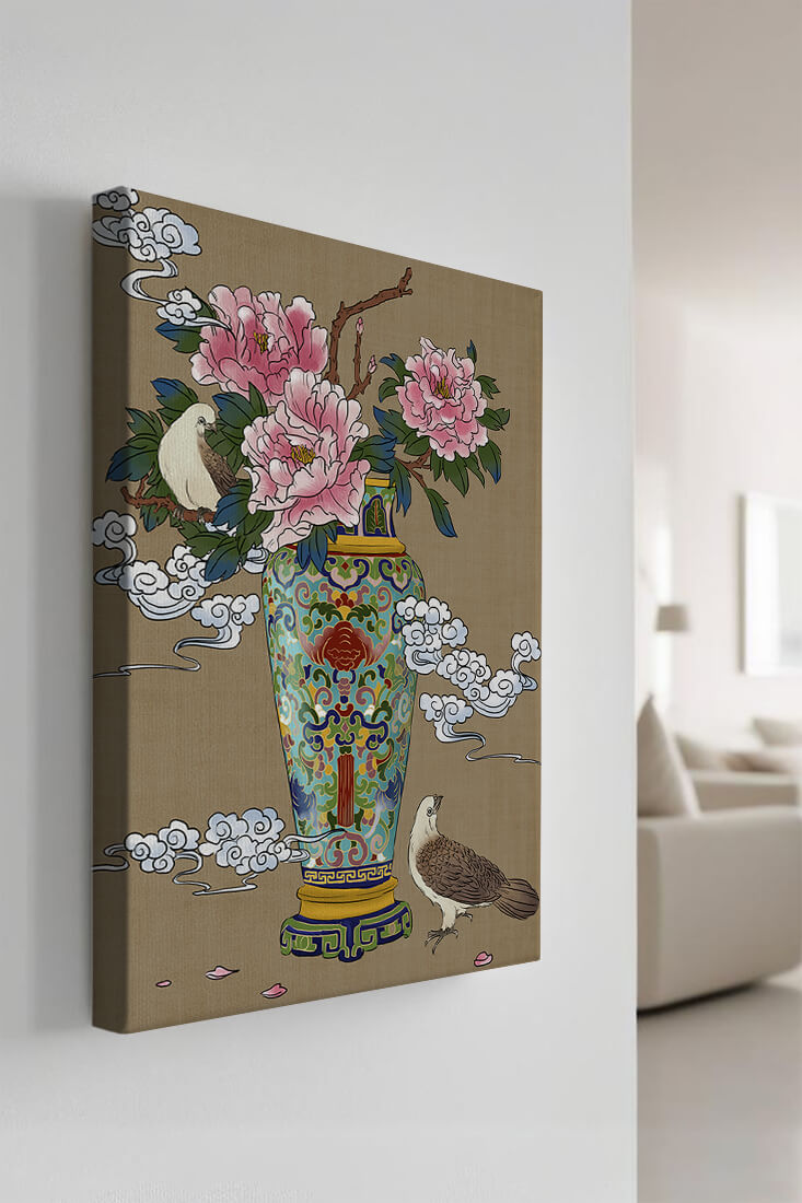 Elegant Asian Style Vase with Peonies and Birds