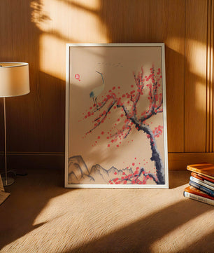 Elegant crane on cherry blossom tree with mountainous background