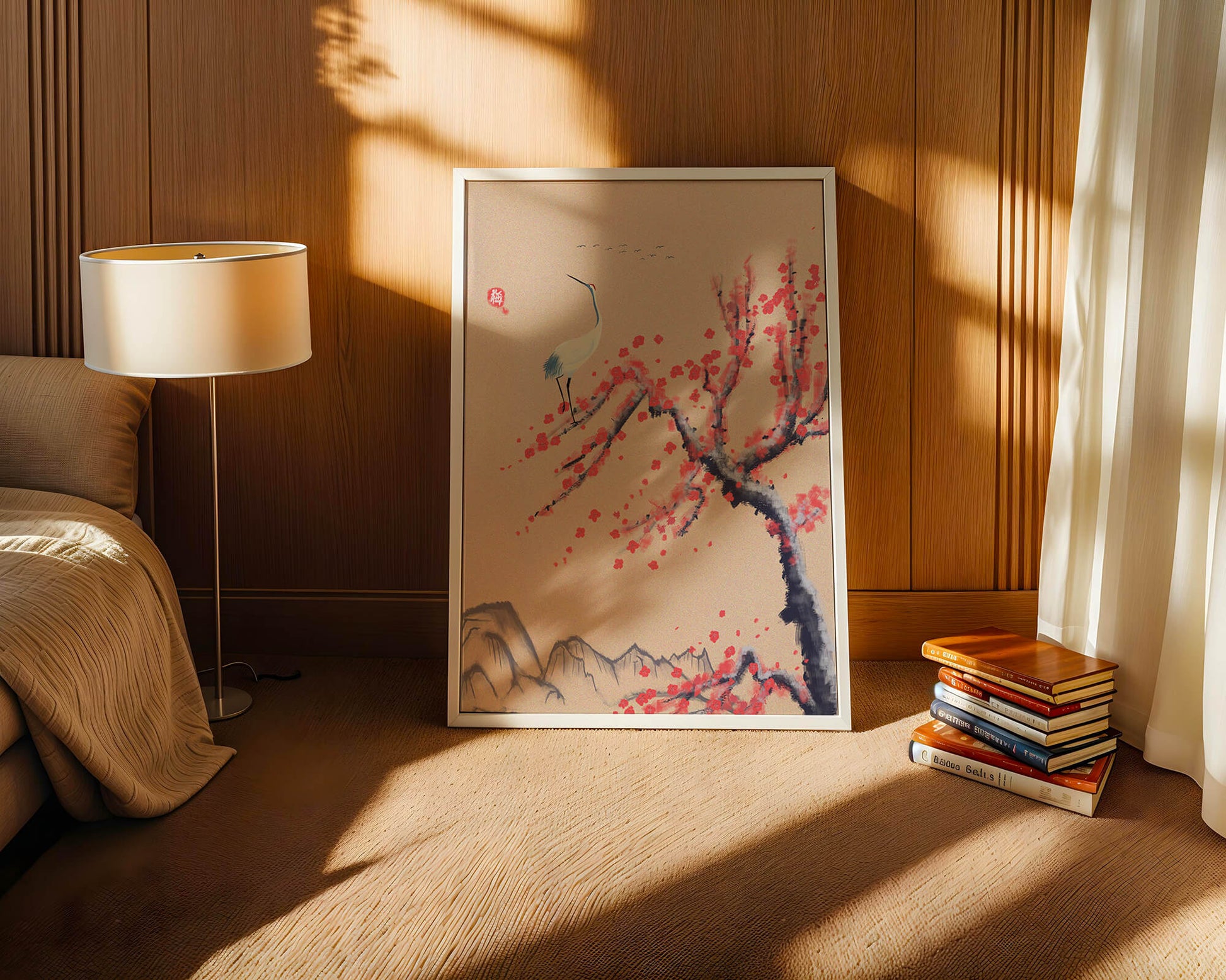 Elegant crane on cherry blossom tree with mountainous background