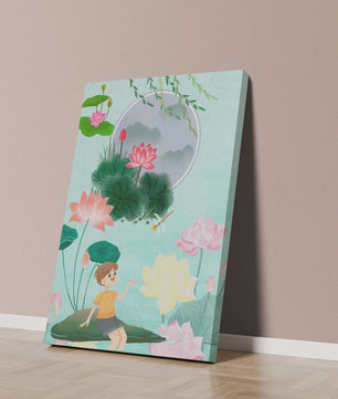 Serene illustration of a child in a lotus garden with vibrant flora