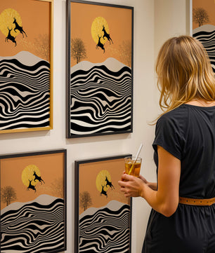 Abstract landscape with jumping deer and golden sun
