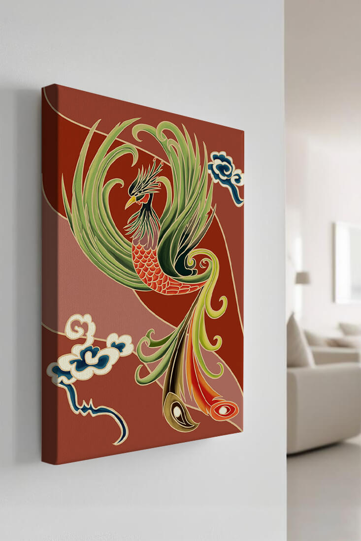 Stylized phoenix illustration with vibrant colors and clouds