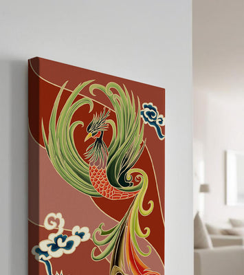 Stylized phoenix illustration with vibrant colors and clouds