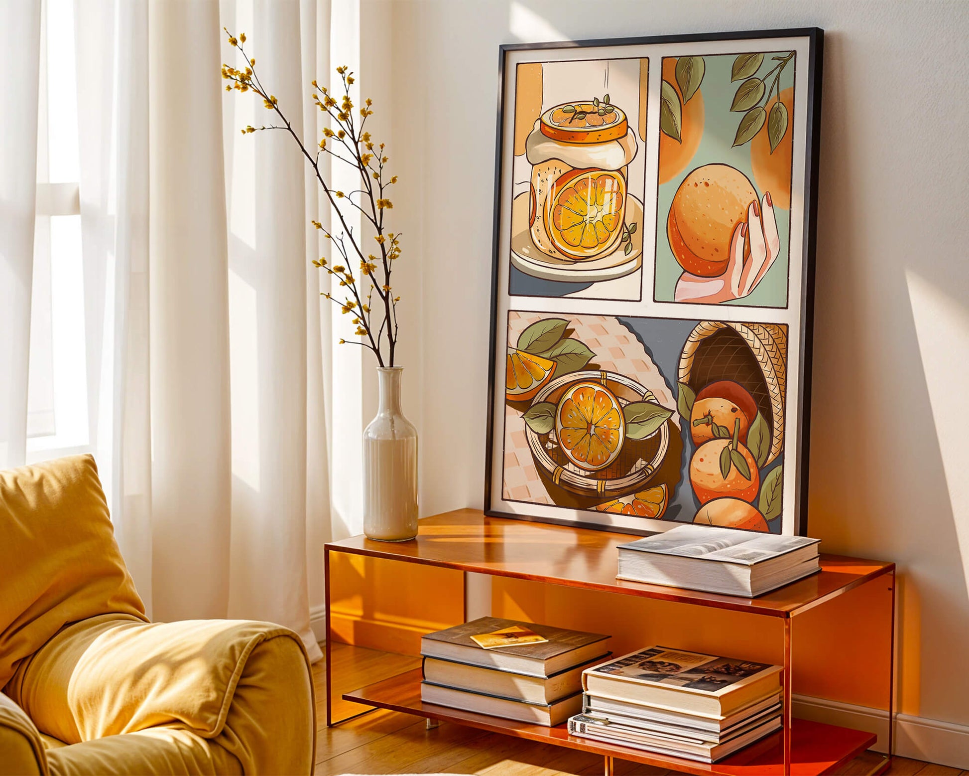 Ilustración colorida de naranjas y conservas con canasta