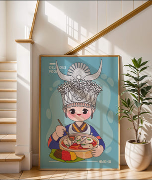 Charming illustration of a person in traditional attire enjoying a meal