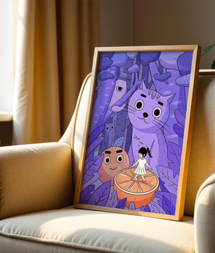 Whimsical forest scene with playful cartoon characters