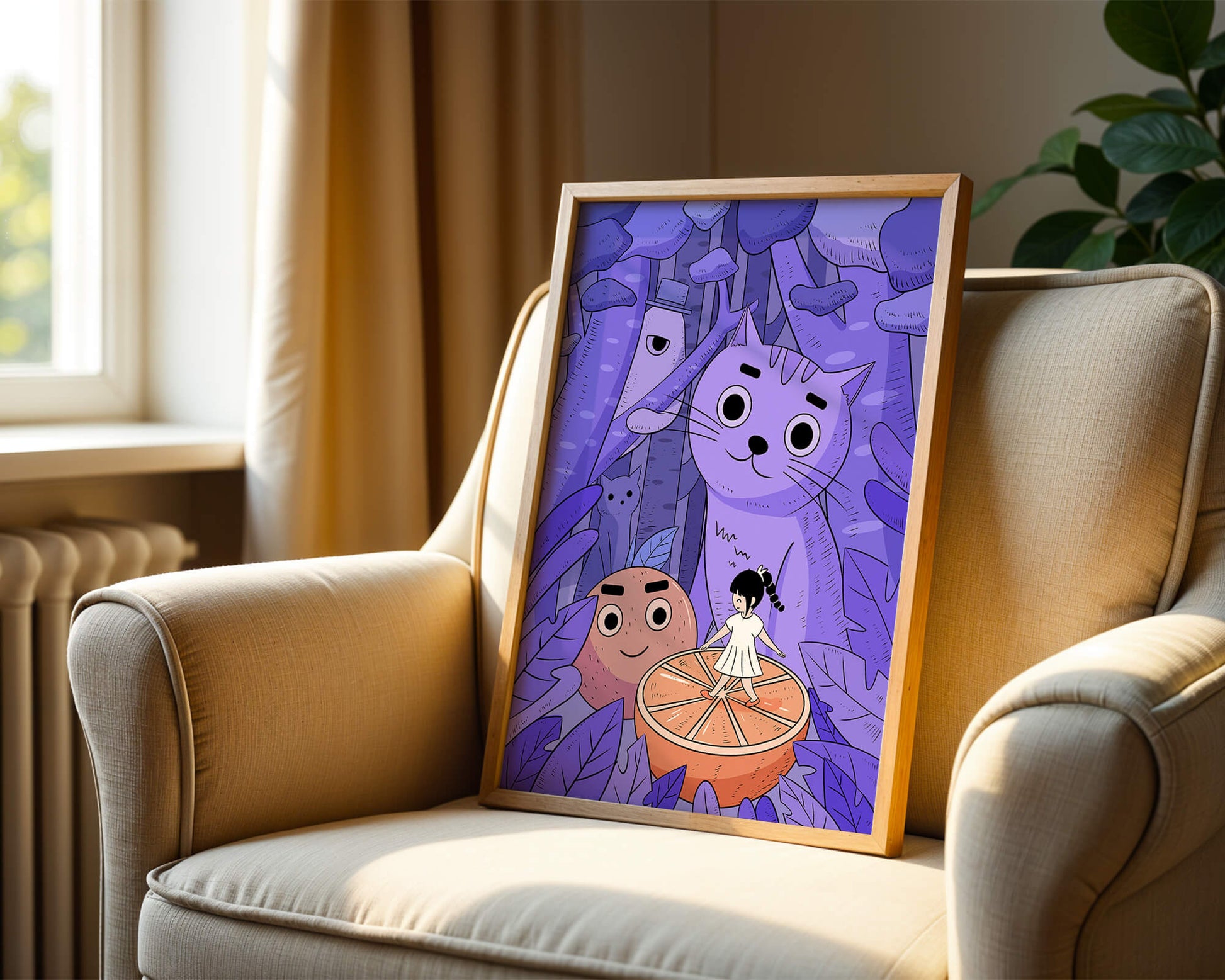 Whimsical forest scene with playful cartoon characters
