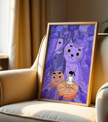 Whimsical forest scene with playful cartoon characters
