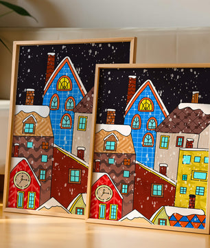 Farbenfrohe Winterstadtlandschaft mit schneebedeckten Häusern im Cartoon-Stil