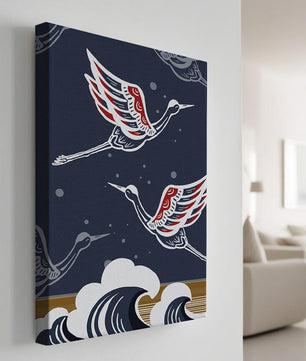 Illustrative cranes flying over ocean waves with dark background