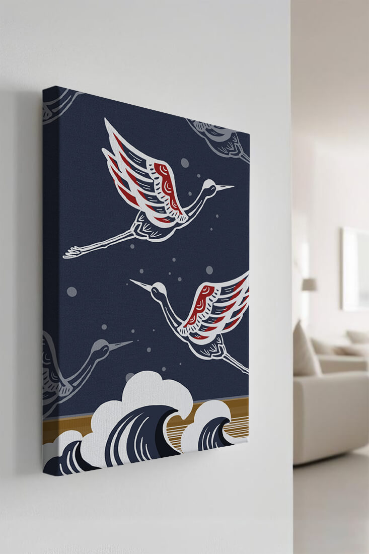 Illustrative cranes flying over ocean waves with dark background