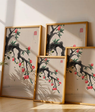 Asian ink painting featuring cherry blossoms on a textured background