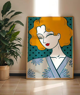 Retrato estilizado de una mujer con cabello naranja y kimono floral