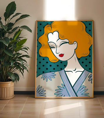 Stylized portrait of a woman with orange hair and floral kimono