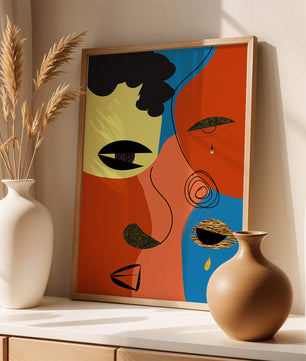 Abstract faces with vibrant colors and gold accents