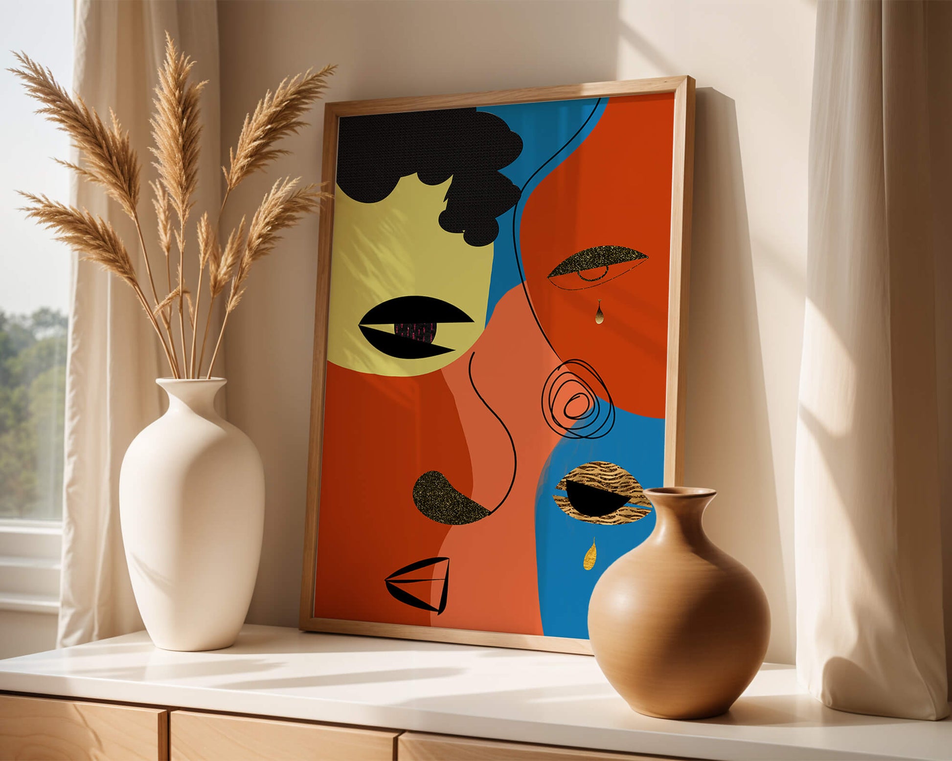 Abstract faces with vibrant colors and gold accents